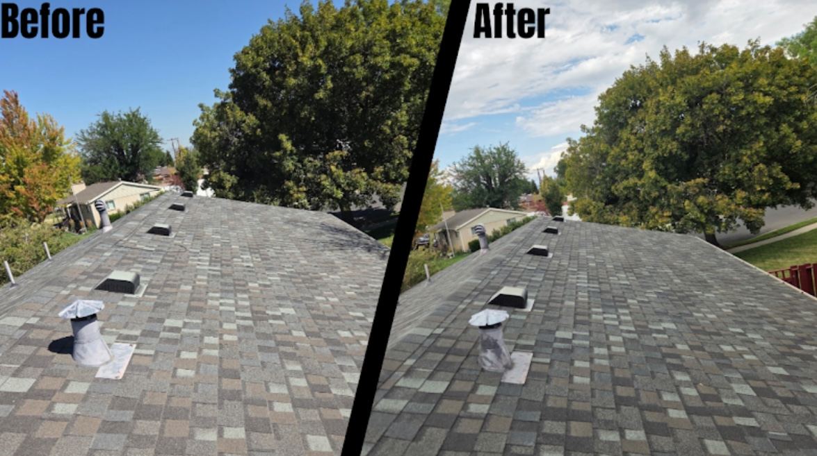 Before and after comparison of a grey asphalt shingle roof restored in Utah