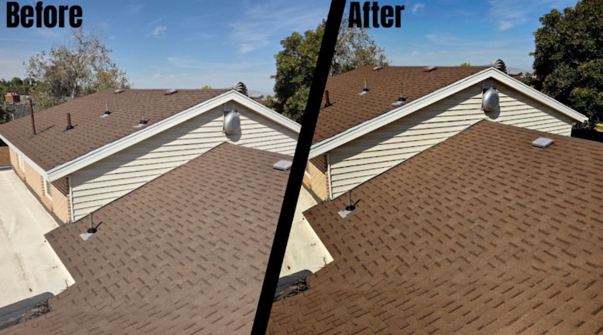 Before and after comparison of a tan asphalt shingle roof restored in Utah