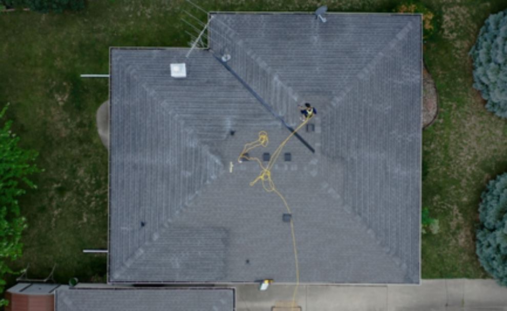 Aerial view of a complete shingle roof restored in Utah