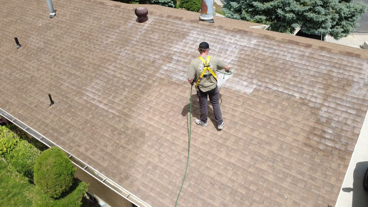 Revive Your Roof technician applying restoration treatment to asphalt shingles, on a Wasatch Front home in Utah
