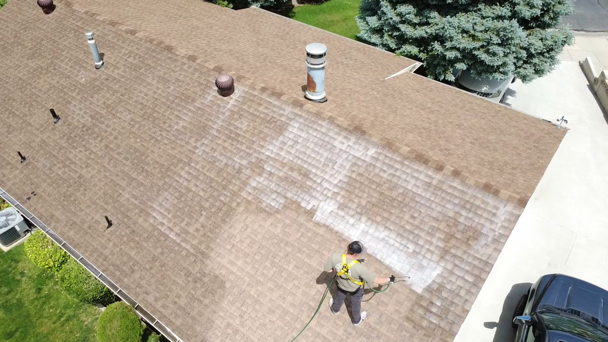Revive Your Roof technician treating asphalt shingles at close range, on a Wasatch Front home in Utah