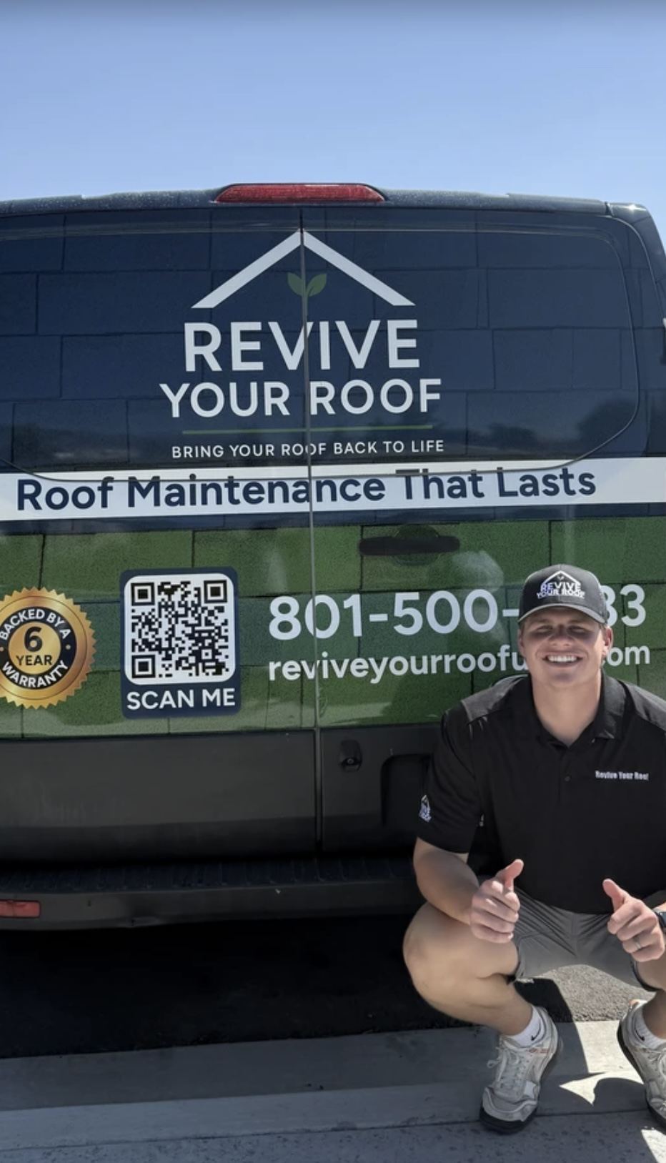 The rear of the Revive Your Roof van showing the phone number, QR code and Roof Maintenance That Lasts